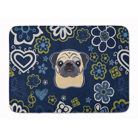 Carolines Treasures Blue Flowers Fawn Pug Machine Washable Memory Foam Mat BB5113RUG